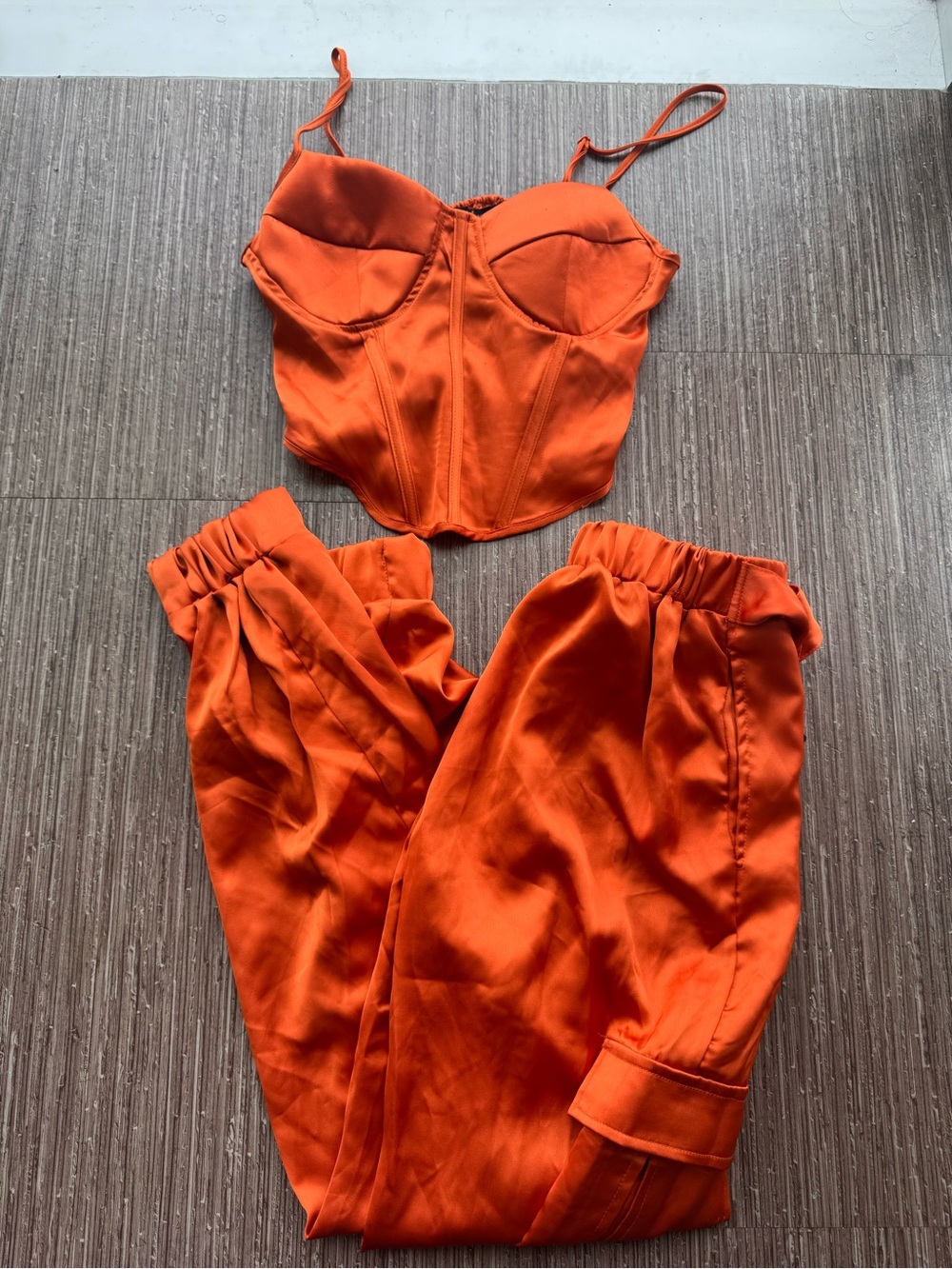 Sincerly Jules Orange Satin Bustier Crop Top & Joggers Set